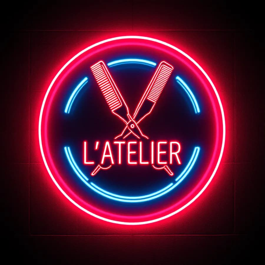 Exemple de maquette d’enseigne néon « L’Atelier » pour barbier / coiffure