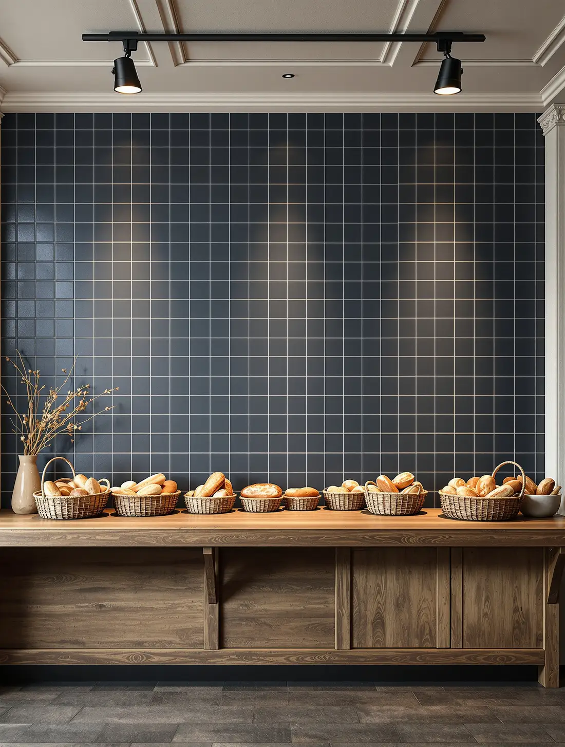 Boulangerie vue de l’intérieur, vitrine à pains et bandeau au-dessus du comptoir