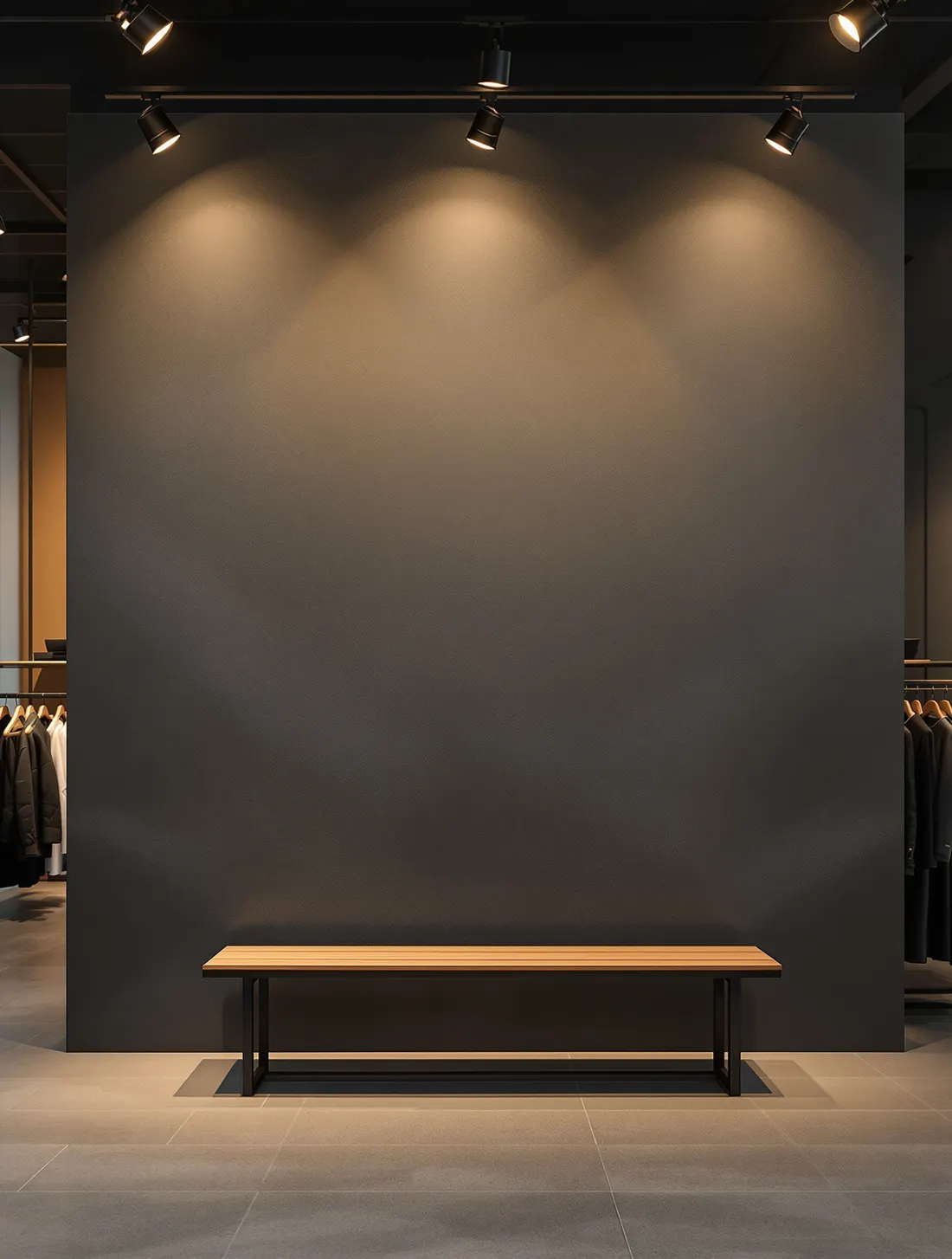 Intérieur de boutique, présentoirs et mur de fond libre derrière la caisse