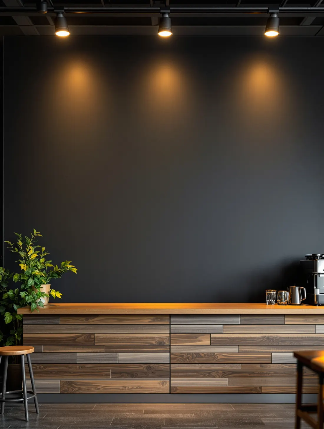 Comptoir de coffee shop avec machine à espresso et mur clair derrière
