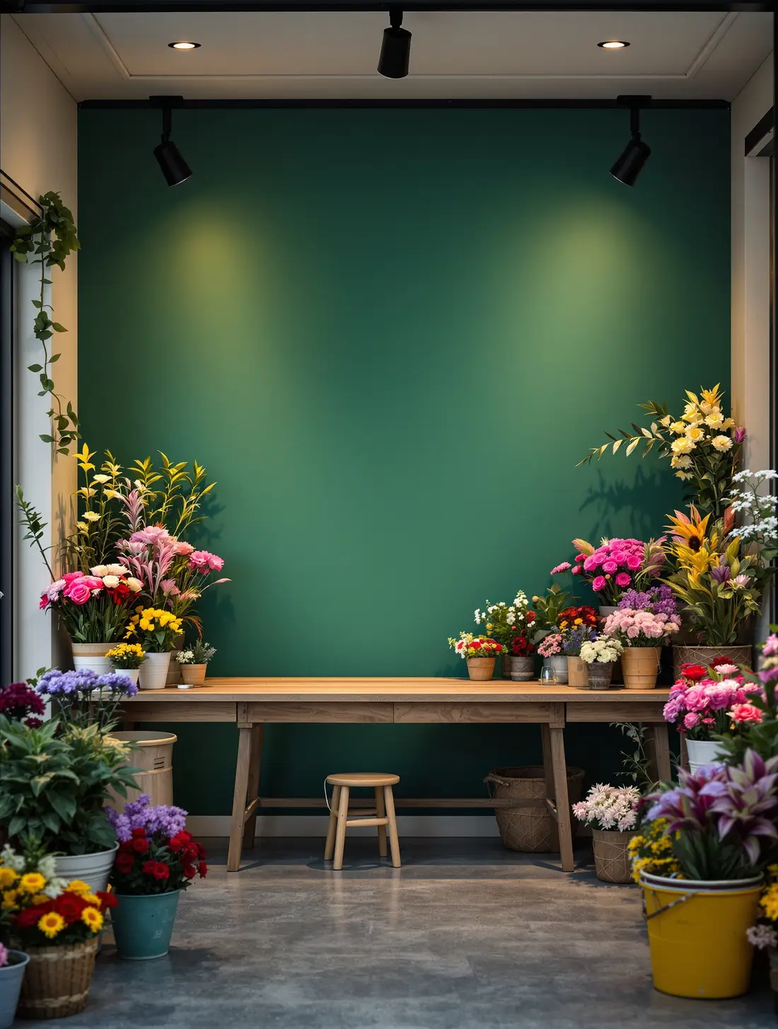 Boutique de fleuriste, étal de bouquets devant un mur clair
