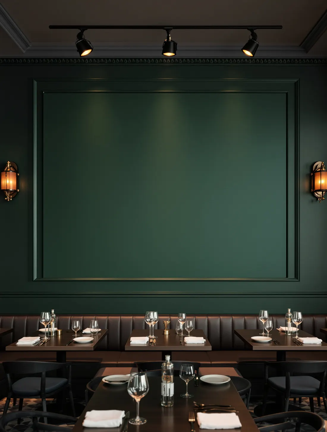 Salle de restaurant le soir, lumière tamisée, mur nu au-dessus du comptoir