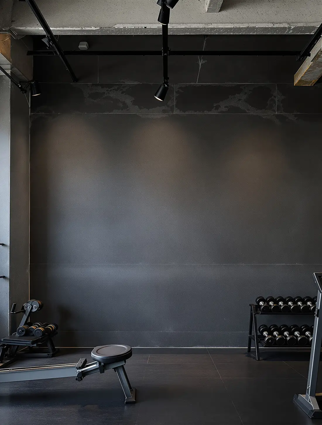 Plateau de salle de sport, machines alignées devant un mur sombre