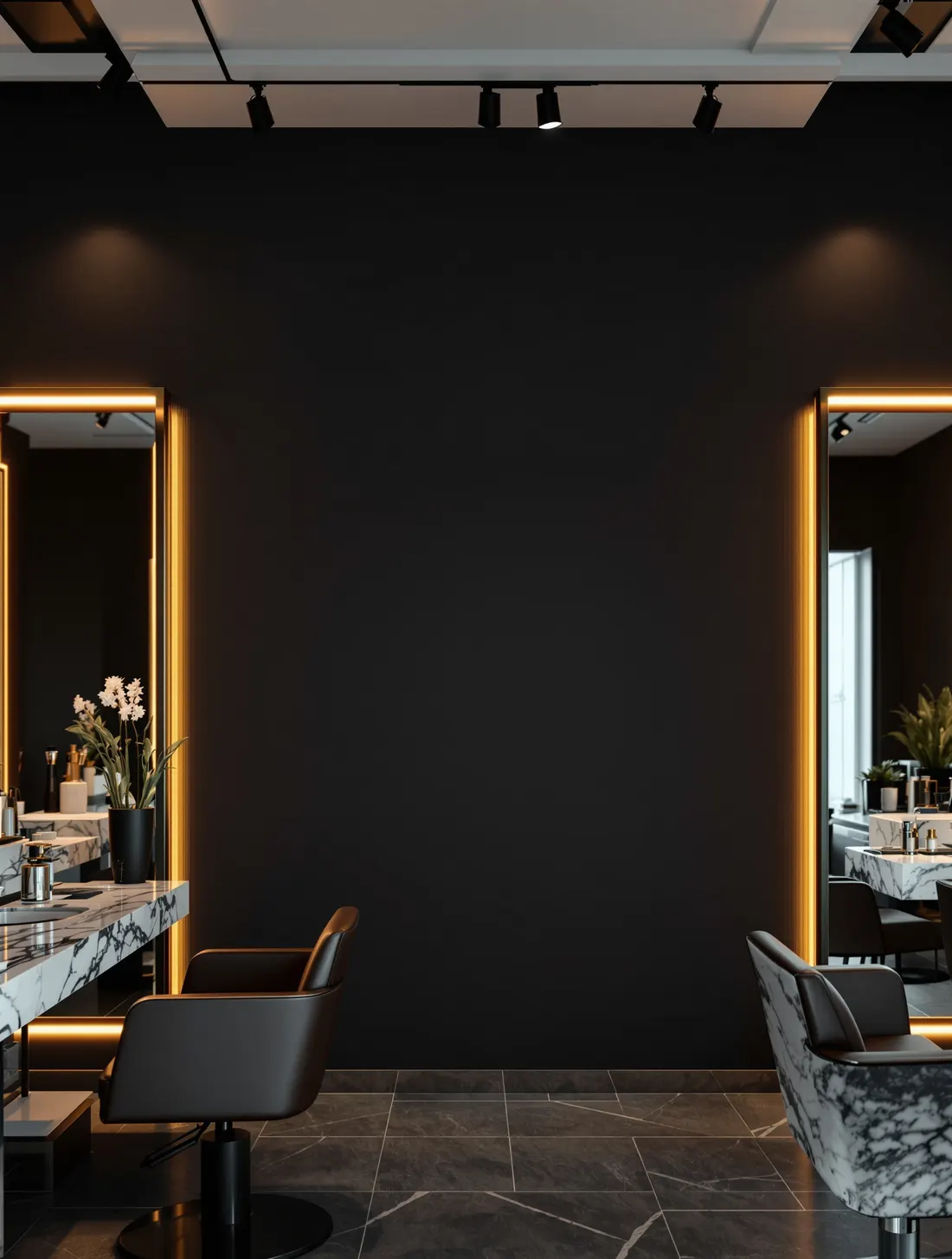 Salon de coiffure vu depuis l’accueil, miroirs et postes de coiffage